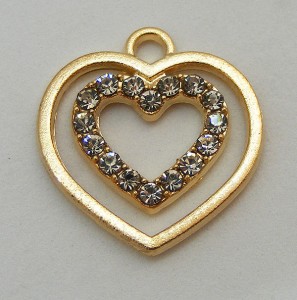 Dubbelhjärta med strass, guld/transparenta stenar